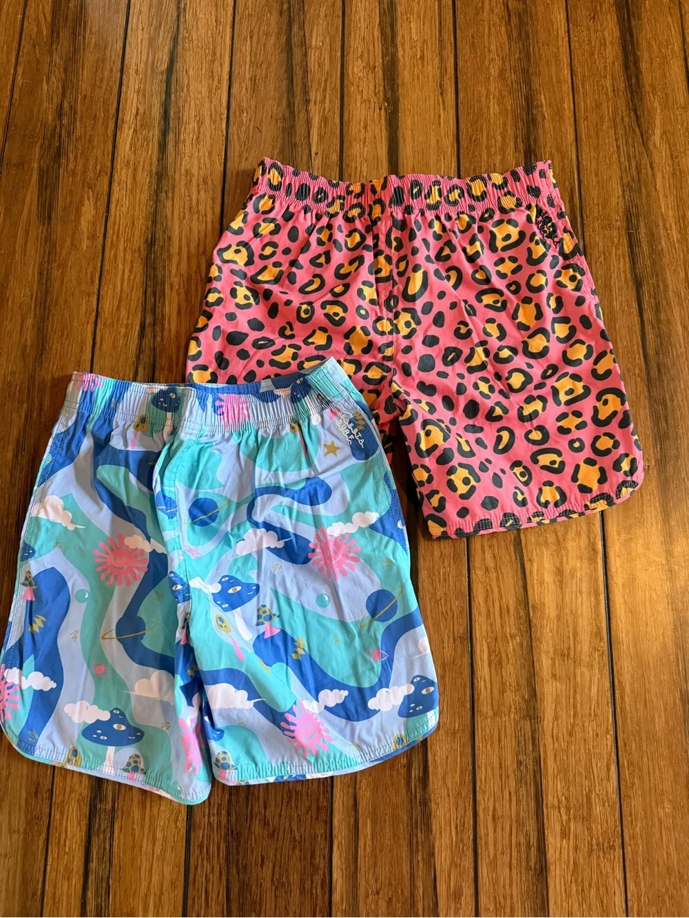 Kids Swim Trunks - Pink Leopard & Blue Surf Print with Drawstring Never Worn